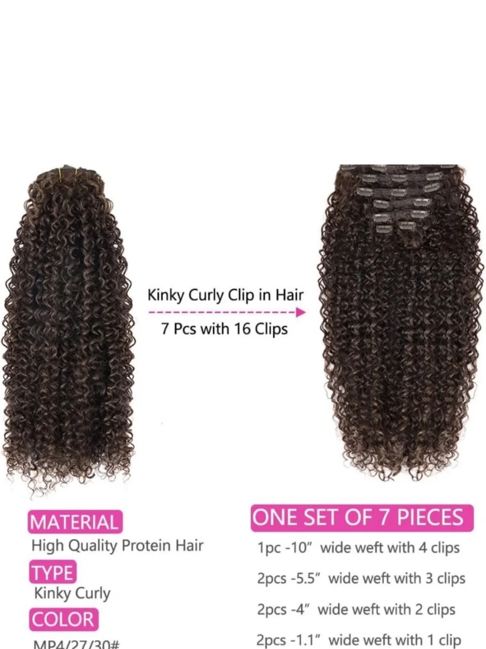 BHF 26”Curly Clip In Hair Extension Double Weft 100% protein Hair Extension 7p